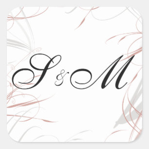 Sticker Carré Élégant Blush et Gris Flûtes Mariage monogramme