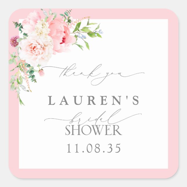Sticker Carré Elegant Blush Pink Flowers Bridal Shower Thank You (Devant)