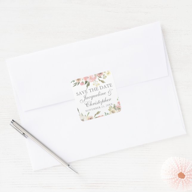 Sticker Carré Élégant Blush Pink Ivory Floral Enregistrer la dat (Enveloppe)