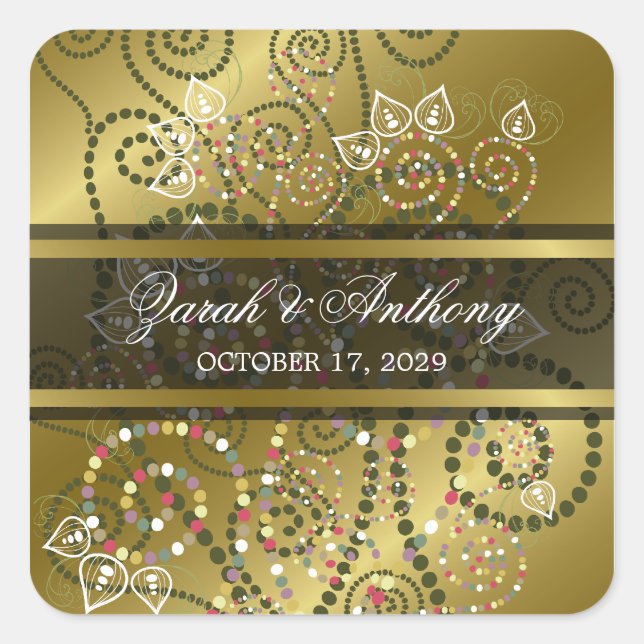 Sticker Carré Élégant Boho Dot Spirales Gold Mariage ethnique (Devant)