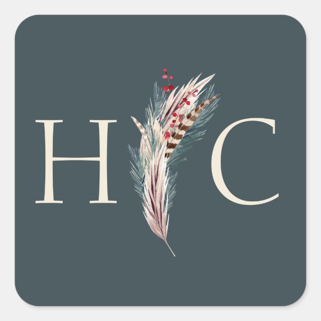 Sticker Carré Elégant Boho Rustique Pampas & Pine Vert Tan Rouge (Devant)