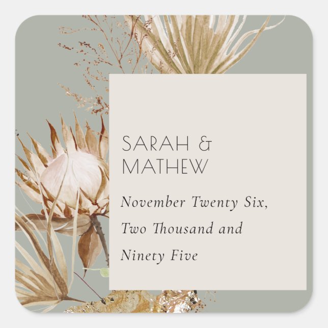 Sticker Carré Elégant Boho Saga Protea vert Séché Palm Floral (Devant)