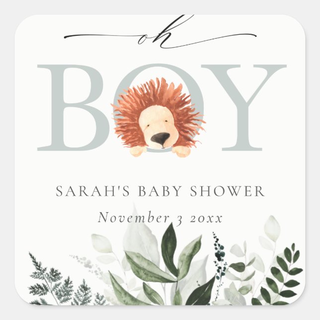 Sticker Carré Elégant Bote Lion Foliage Oh Baby shower garçon (Devant)