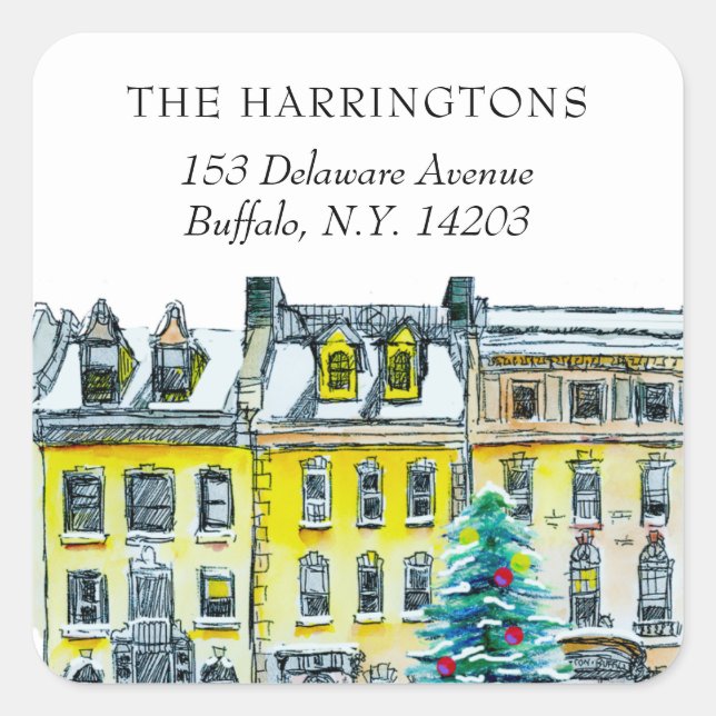 Sticker Carré Elegant Brownstone Christmas Art Return Adresse (Devant)
