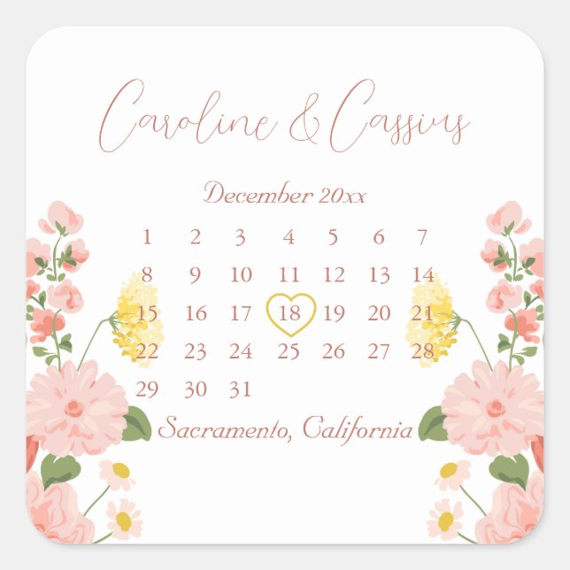 Sticker Carré Élégant calendrier Mariage de fleurs blanches rose (Devant)