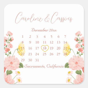 Sticker Carré Élégant calendrier Mariage de fleurs blanches rose