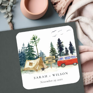 Sticker Carré Élégant Camping Aquarelle Pine Mariage