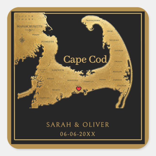 Sticker Carré Élégant Carte de Cape Cod Mariage  (Devant)