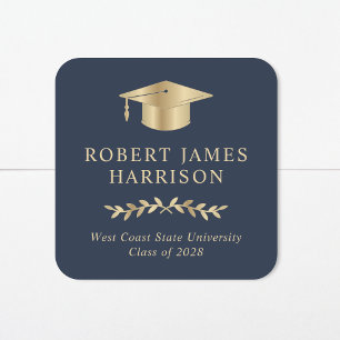 Sticker Carré Élégant Casquette Gold Grad Bleu Graduation