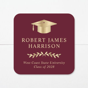 Sticker Carré Élégant Chapeau de diplômé en or Rouge Bourgogne G