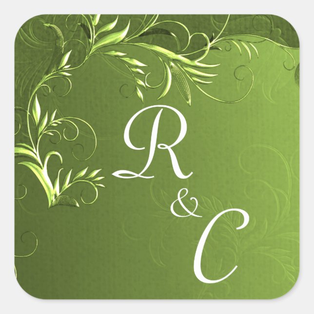 Sticker Carré Élégant Chartreuse Vert Mariage Monogramme (Devant)