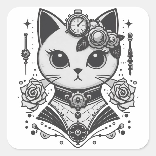 Sticker Carré Élégant chat victorien Steampunk (Devant)