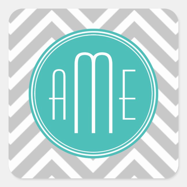 Sticker Carré Élégant Chevron Gris Moderne et Monogramme Menthe (Devant)