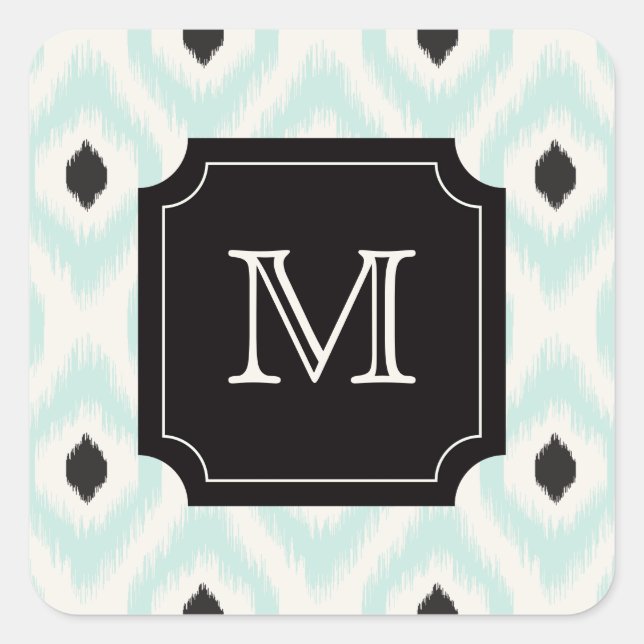 Sticker Carré Élégant Chic Black Mint Diamond Ikat Monogramme (Devant)