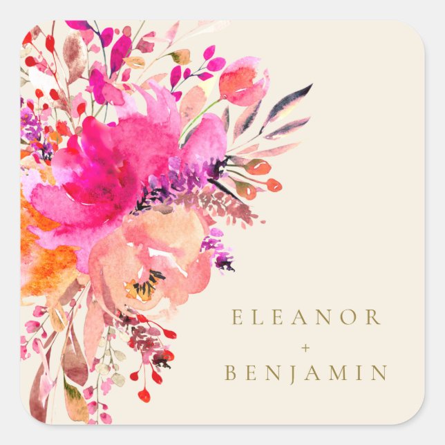 Sticker Carré Elégant Chic Rose Aquarelle Florale Mariage Crème (Devant)