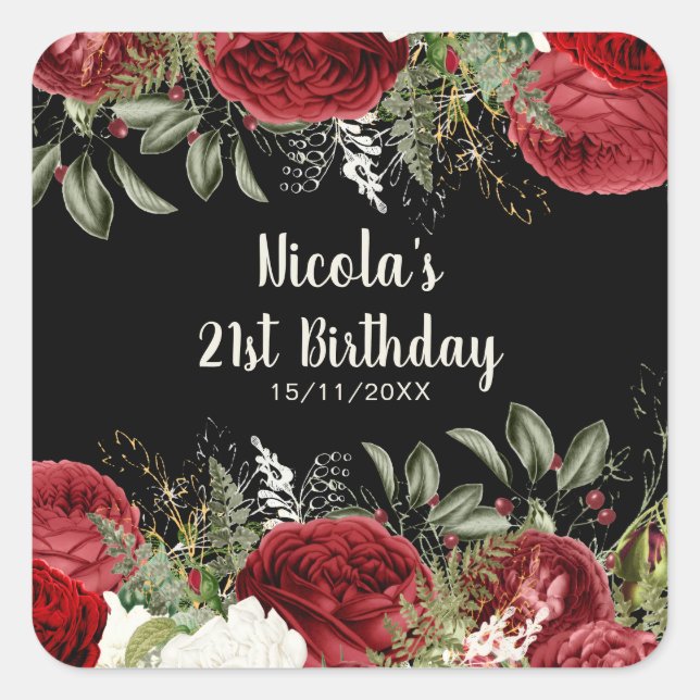 Sticker Carré Elegant Christmas Red Flowers Birthday Party (Devant)
