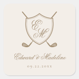 Sticker Carré Élégant Classic Crest Monogram Mariage de golf