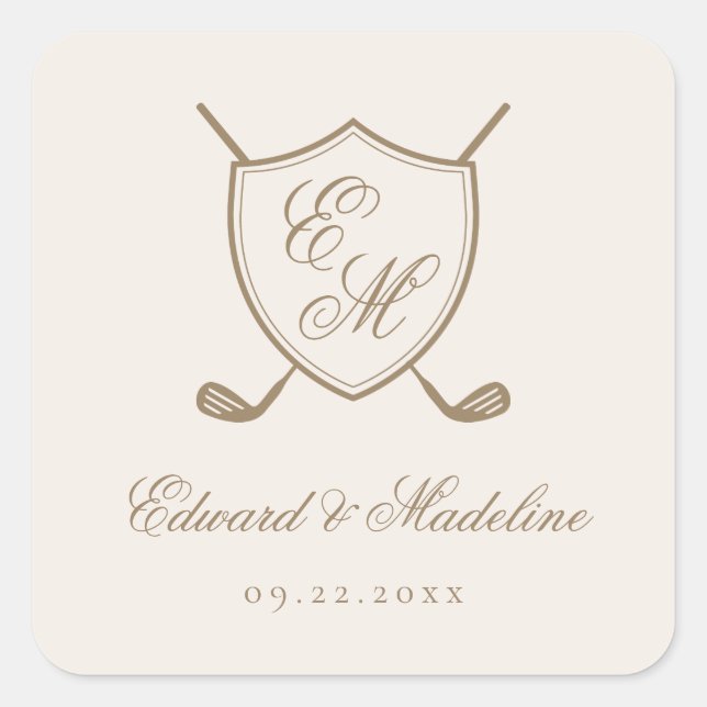 Sticker Carré Élégant Classic Crest Monogram Mariage de golf (Devant)