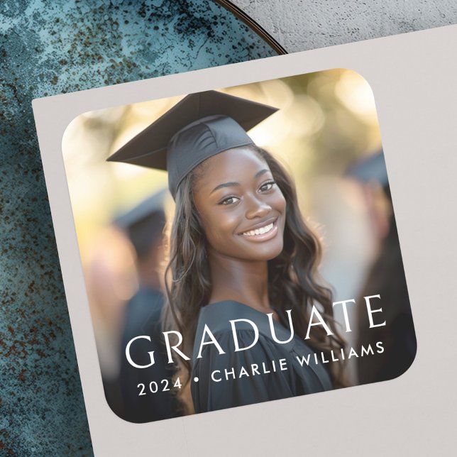 Sticker Carré Élégant classique de diplôme de la photo diplômée (Elegant classic graduation photo graduate square sticker)