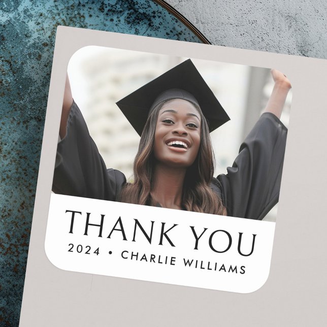 Sticker Carré Elégant classique photo de graduation merci (Elegant classic graduation photo thank you square sticker)
