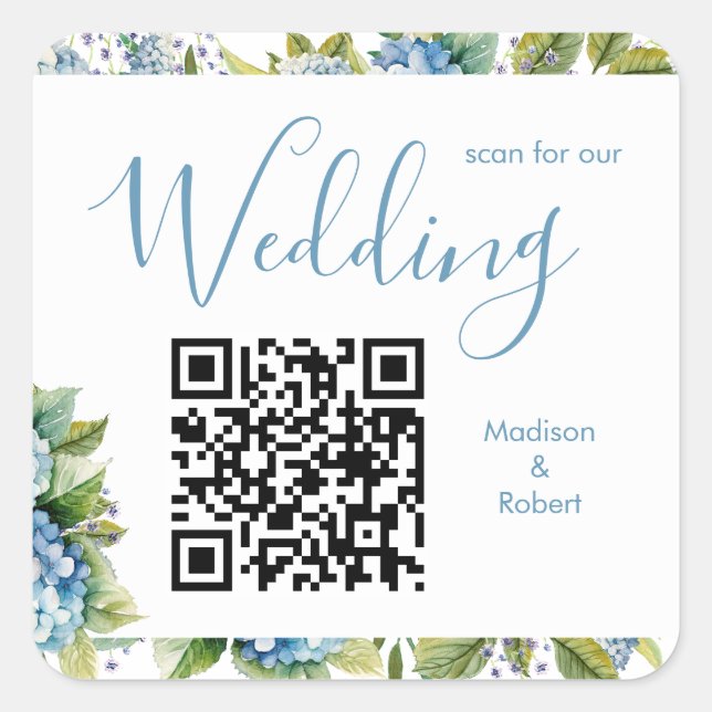 Sticker Carré Élégant Code QR de Mariage aux Hortensias Bleus (Devant)