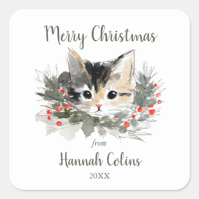 Sticker Carré Elegant Cute Calico Kitten Minimalist Christmas (Devant)