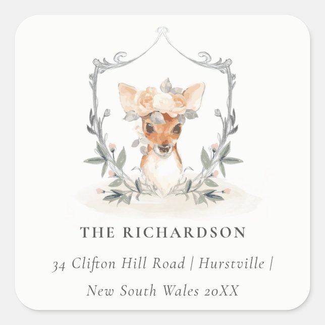 Sticker Carré Élégant Cute Dusky Deer Floral Crest Adresse (Devant)
