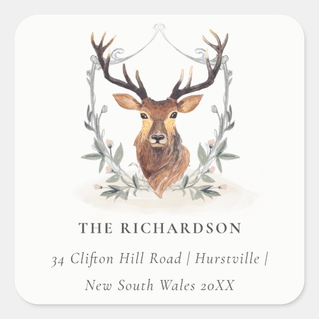 Sticker Carré Élégant Cute Dusky Deer Floral Crest Adresse (Devant)