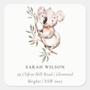 Sticker Carré Elegant Cute Watercolor Baby Koala Foliage Adresse