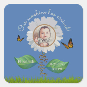 Sticker Carré Elégant Daisy Blue Floral Cute Baby Photo & Nom