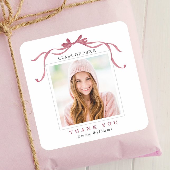 Sticker Carré Elegant Deep Blush Bow Graduation Photo Thank You  (Créateur téléchargé)