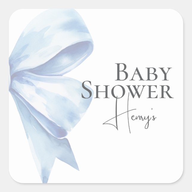 Sticker Carré Elégant Dusty Blue Bow Aquarelle Baby shower Garço (Devant)