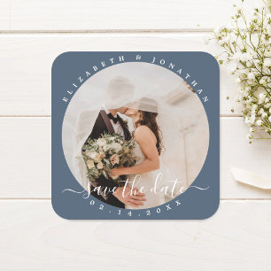 Sticker Carré Elégant Dusty Blue Photo Wedding Enregistrer La Da