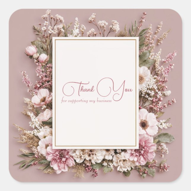 Sticker Carré Elegant Dusty Pink Rustic Floral Gold Frame (Devant)