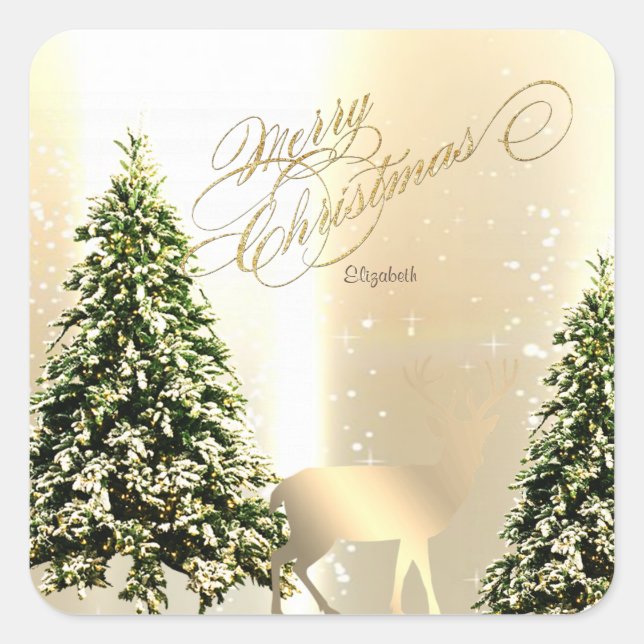 Sticker Carré Élégant, Élégant Pin Trees, Reindeer de Noël (Devant)