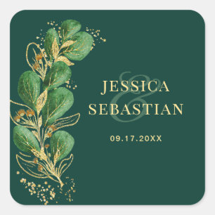 Sticker Carré Élégant Emerald Green et Gold Eucalyptus Mariage