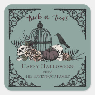 Sticker Carré Elégant Eucalyptus Gothique Happy Halloween heureu