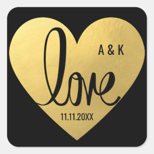 Sticker Carré Elégant Faux Gold Foil LOVE Black Mariage