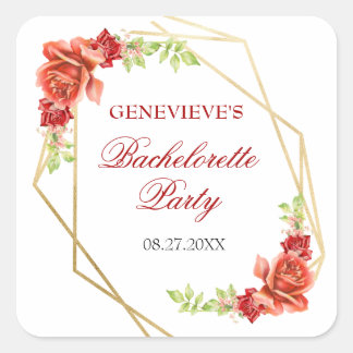 Sticker Carré Élégant Fête de Fiançailles Florale Rose Rouge
