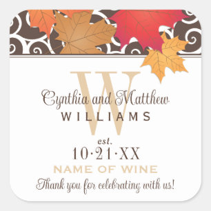 Sticker Carré Élégant Feuilles d'automne Mariage Monogram Vin