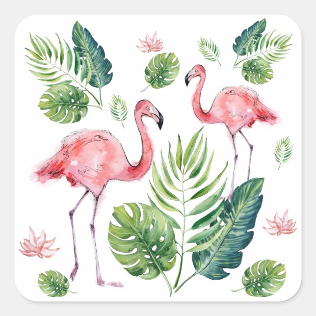 Sticker Carré      Élégant Flamant rose rose Feuille tropical Mo (Devant)