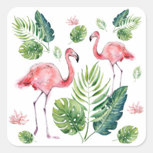 Sticker Carré      Élégant Flamant rose rose Feuille tropical Mo
