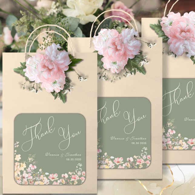 Sticker Carré Élégant Fleur sauvage de Merci vert Sage (Créateur téléchargé)