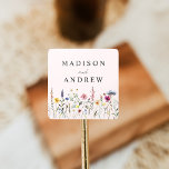 Sticker Carré Élégant Fleur sauvage Meadow Blush Pink Mariage<br><div class="desc">Élégants autocollants de mariage floral avec une bordure inférieure de fleurs sauvages d'aquarelle et de feuillage dans les tons rose, jaune, violet, bleu et vert avec un arrière - plan rose vif. Personnalisez les autocollants de mariage fleurs sauvages avec vos noms ou texte personnalisé. Les autocollants de mariage fleurs sauvages...</div>