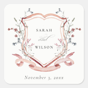 Sticker Carré Élégant Fleur sauvage rose Mariage d'aquarelle de