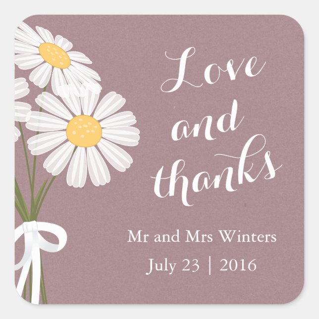 Sticker Carré Élégant floral blanc marguerites Merci Mariage (Devant)