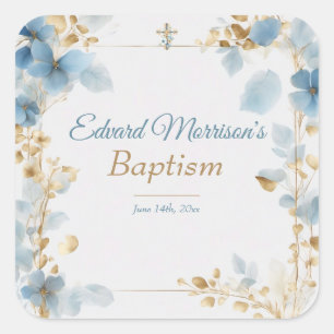 Sticker Carré Élégant floral Dusty Baptême bleu