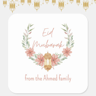 Sticker Carré Elégant Floral moderne Aïd Moubarak Nom rose blanc