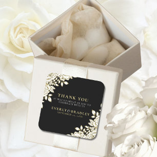 Sticker Carré Élégant floral noir blanc or Mariage minimal