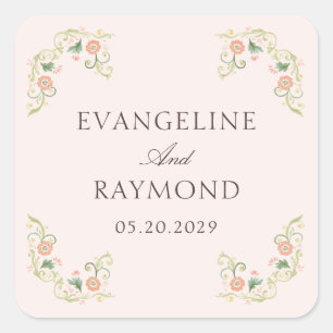 Sticker Carré Élégant floral rococo aquarelle mariage